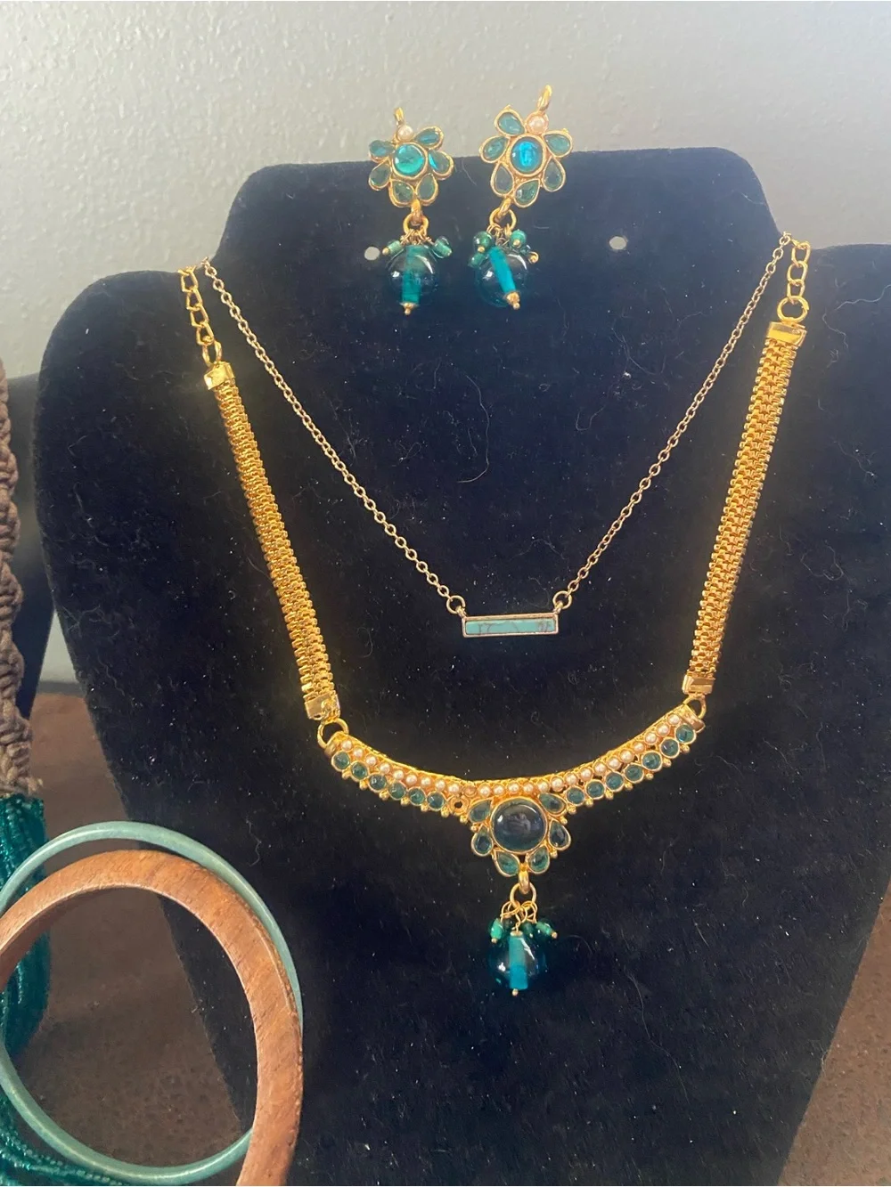 Hand Crafted Gold and Teal Jewelry Set with Beaded Necklace and Earrings